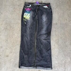 Women's Y2K Ed Hardy Black Denim Jeans Streetwear Designer Skulls 18